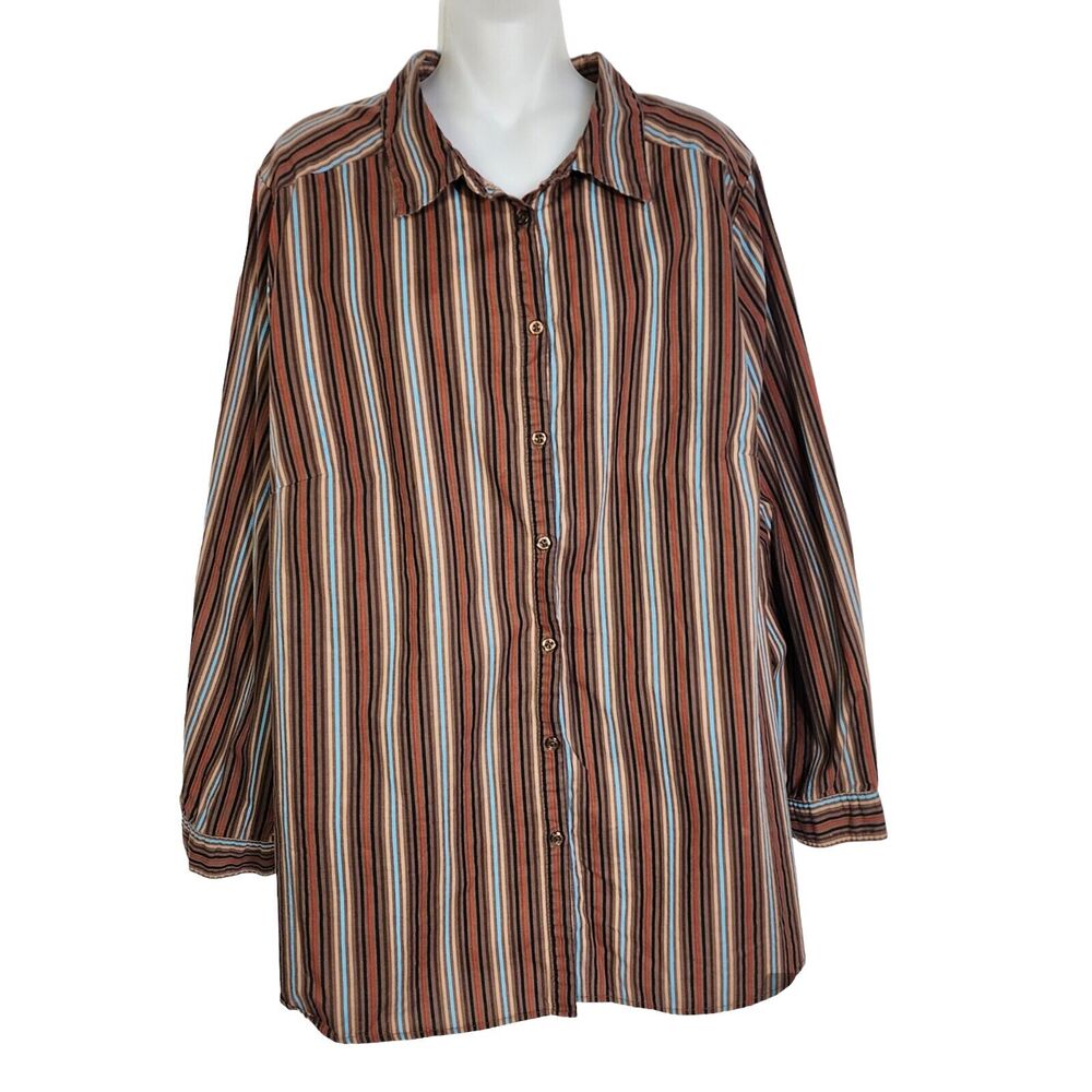 Roamans Womens Shirt Size 22W Brown Multi Striped Long Sleeve Button Up Cotton